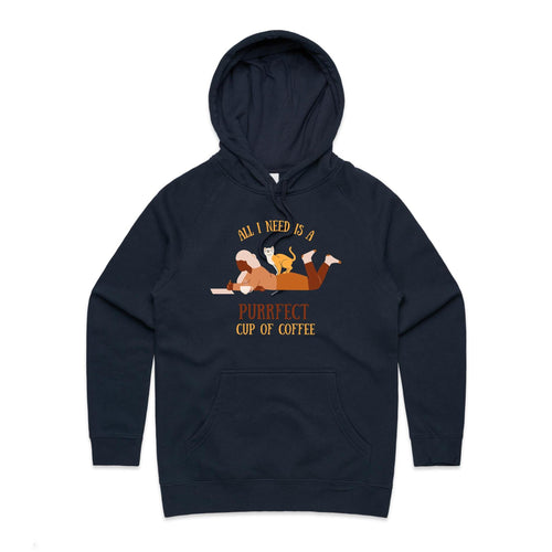 All I Need Is A Purrfect Cup Of Coffee, Cat - Womens Hoodie Navy Womens Hoodie animal Coffee Printed In Australia