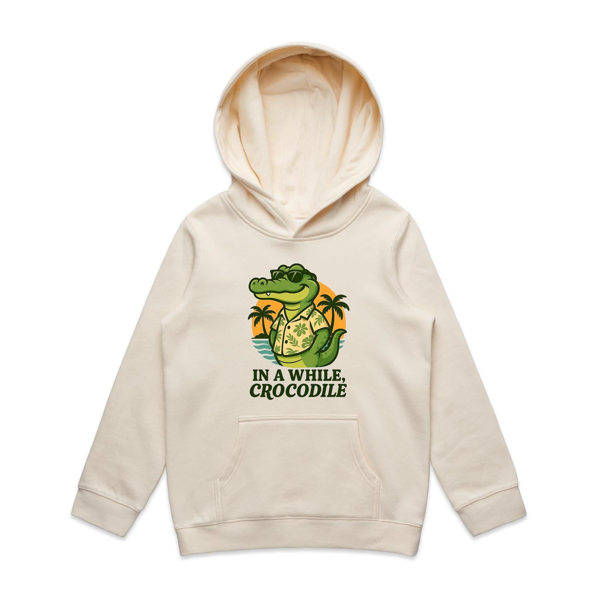 In A While, Crocodile - Kid's AS Colour Hoodie Ecru Kids Hoodie animal Printed In Australia