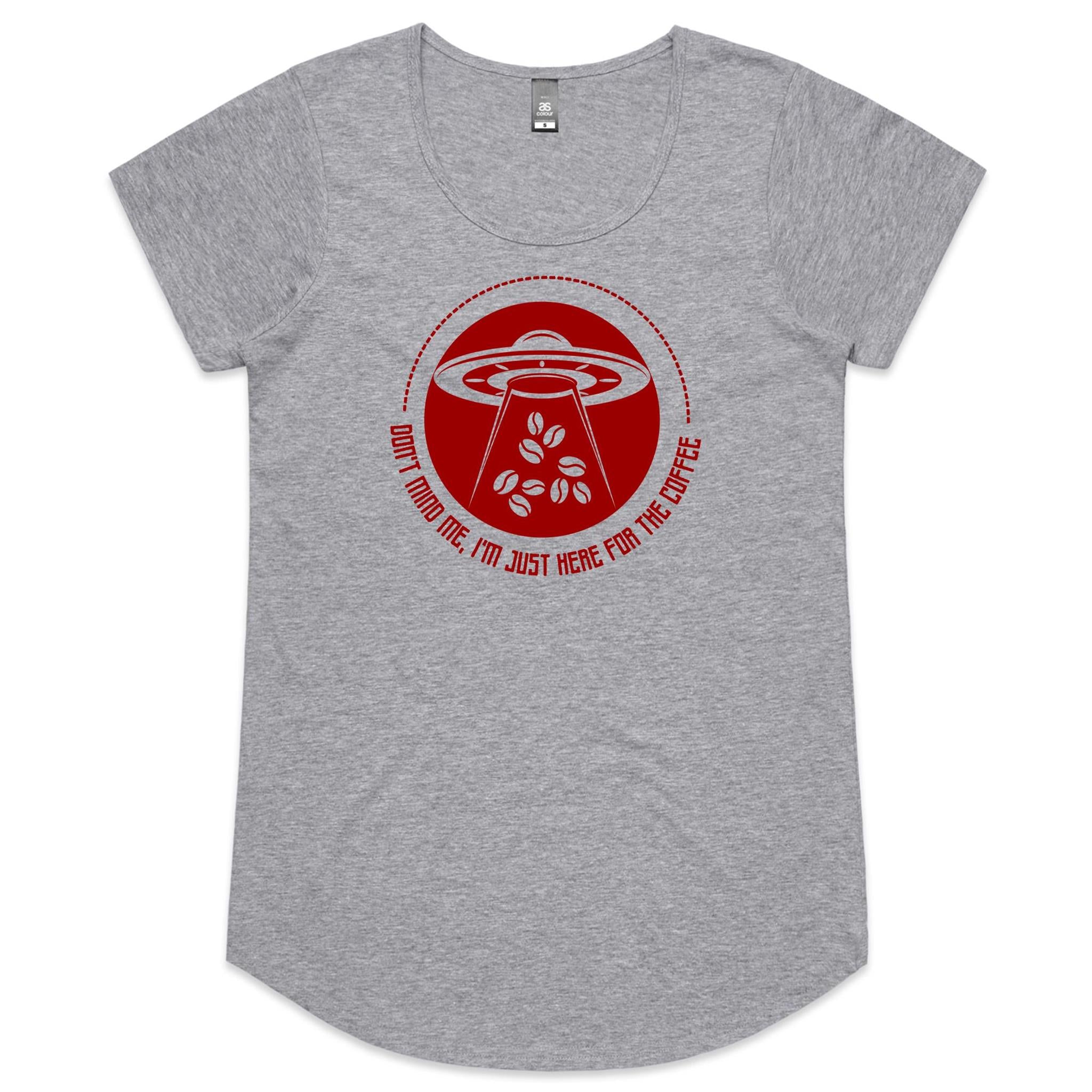 Don't Mind Me, I'm Just Here For The Coffee, UFO - Womens Scoop Neck T-Shirt Grey Marle Womens Scoop Neck T-shirt Coffee Printed In Australia Sci Fi