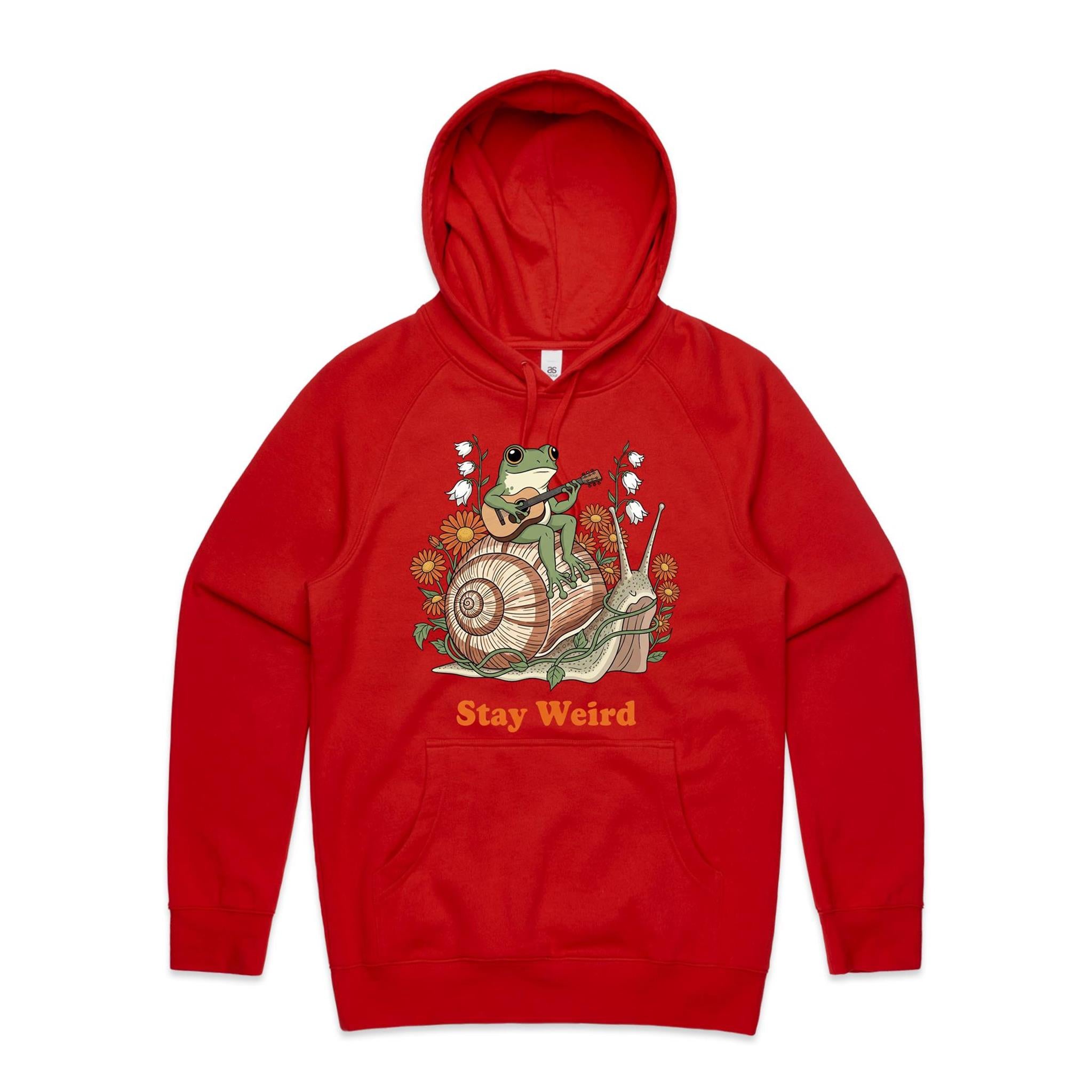Stay Weird, Guitar Playing Frog On A Snail Men's AS Colour Hoodie Red Mens Hoodie animal Music Printed In Australia