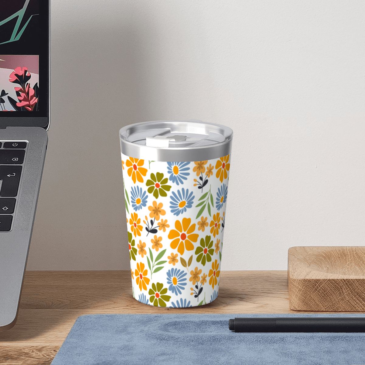Retro Boho Flower Small Stainless Steel Travel Mug Cup 12oz/350ml