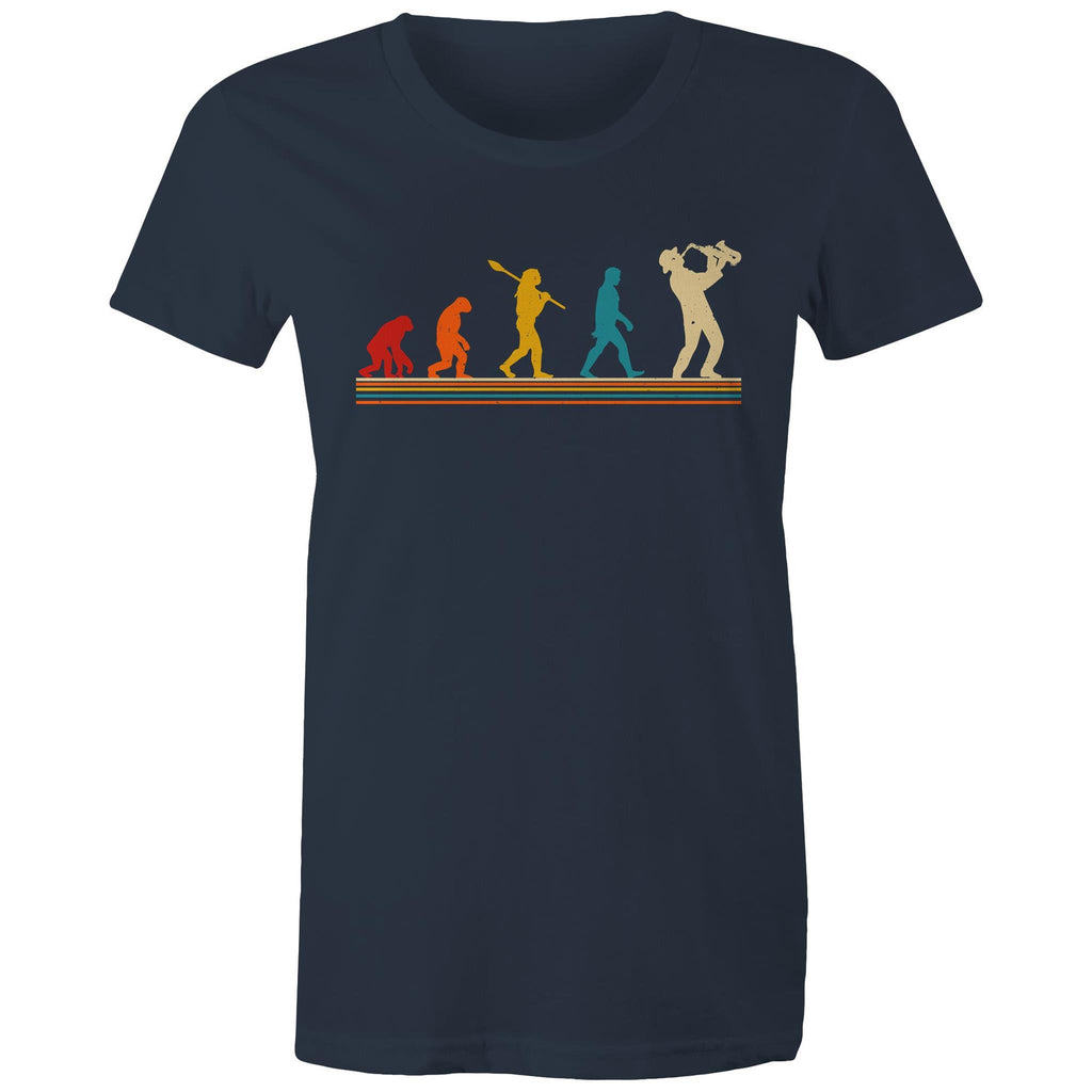 Saxophone Player Evolution - Womens T-shirt Navy Womens T-shirt Music Printed In Australia