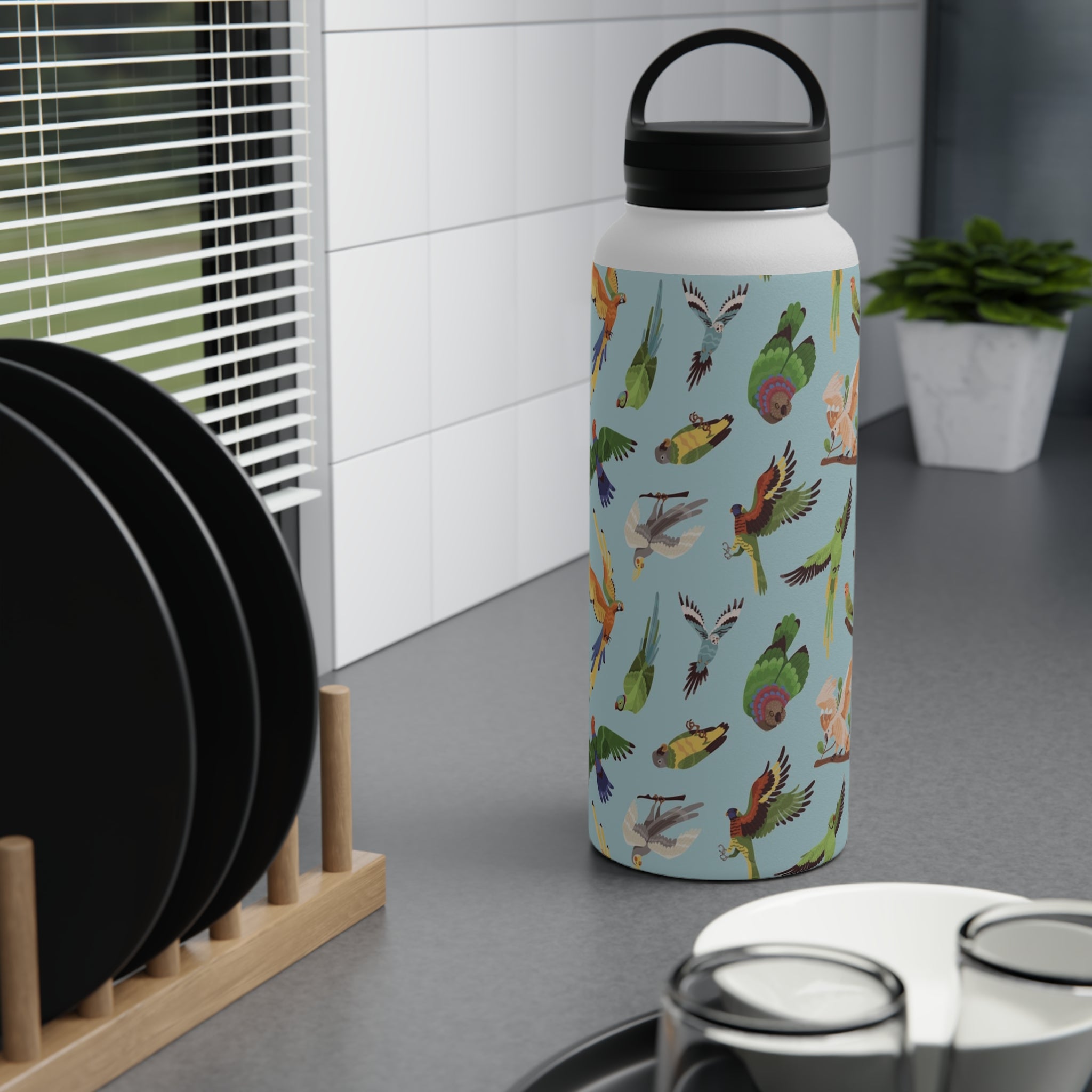 Parrots, Beautiful Colourful Birds Stainless Steel Water Bottle, Handle Lid Stainless Steel Water Bottle With Handle Lid Birds Globally Fulfilled