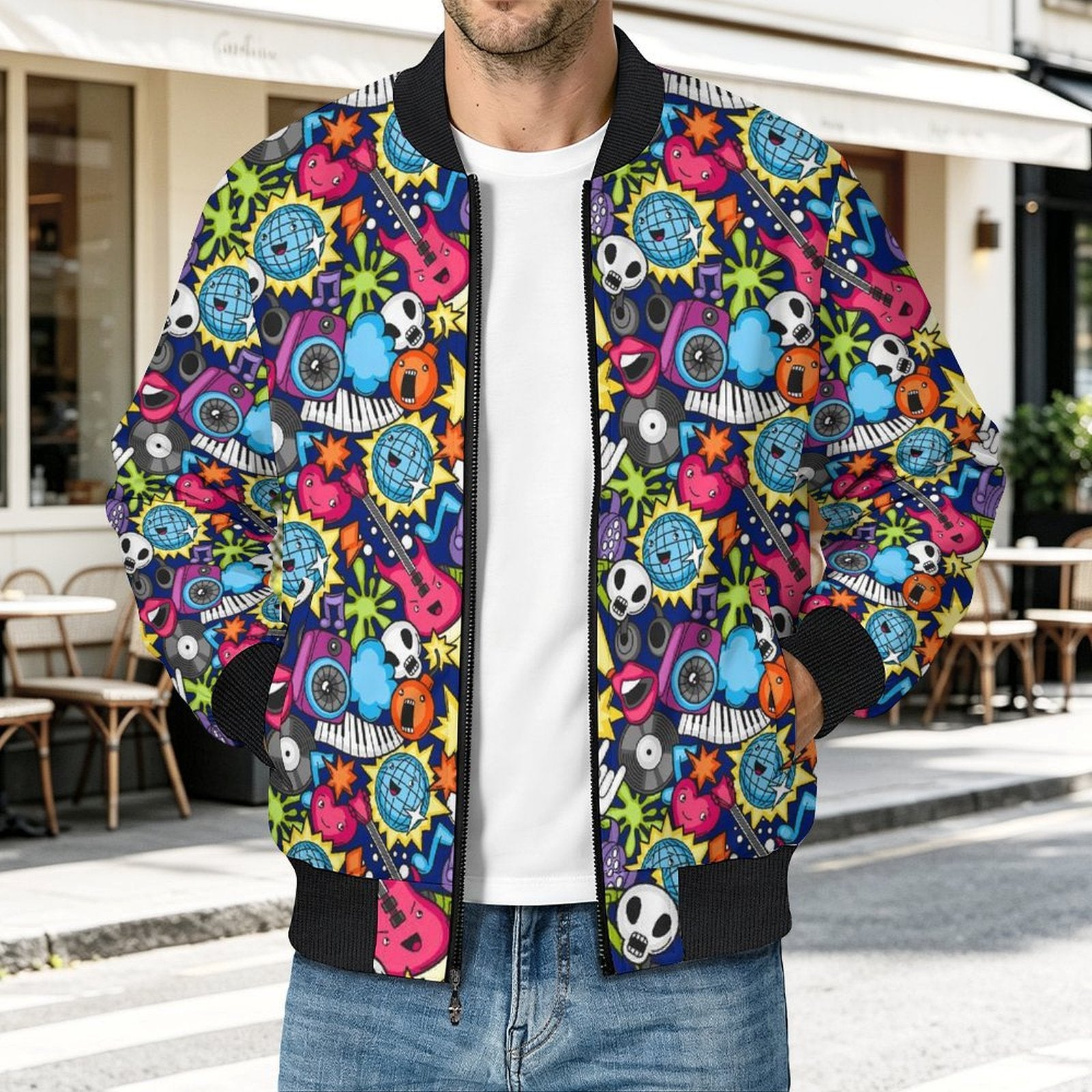Sticker Music Men's Casual Zip‑Up Bomber Jacket