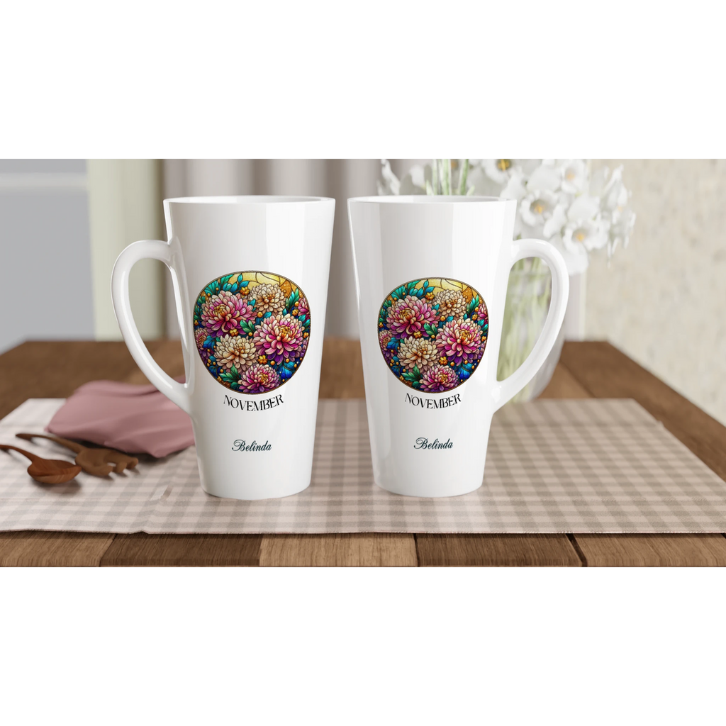 Stained Glass Birth Month Flowers - White Latte 17oz Ceramic Mug Personalised Latte Mug customise Globally Fulfilled Name Plants