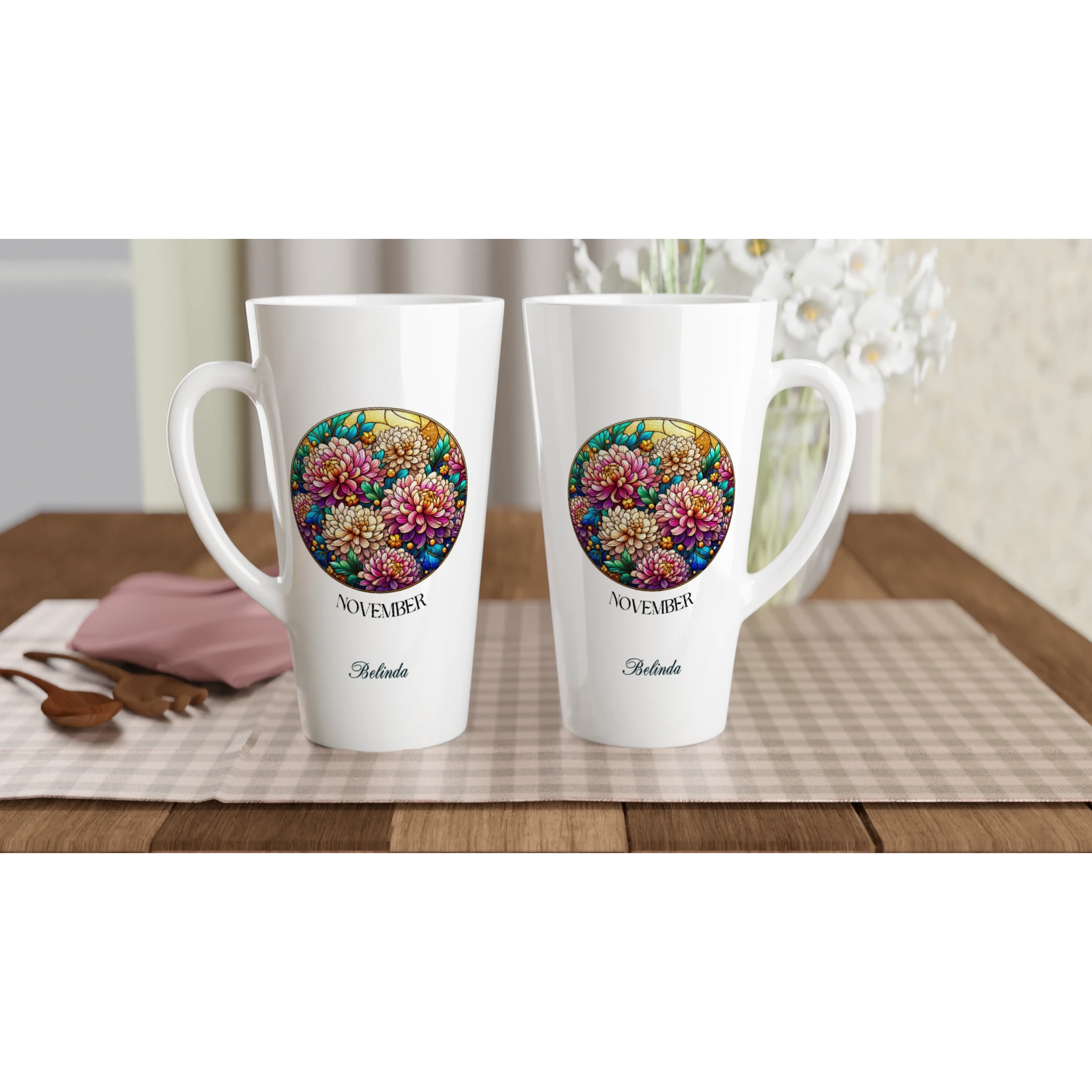 Stained Glass Birth Month Flowers - White Latte 17oz Ceramic Mug Personalised Latte Mug customise Globally Fulfilled Name Plants