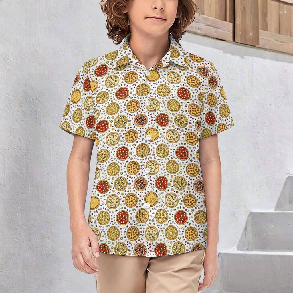 Round Pizzas On White Kids Youth Short Sleeve Button Up Shirt