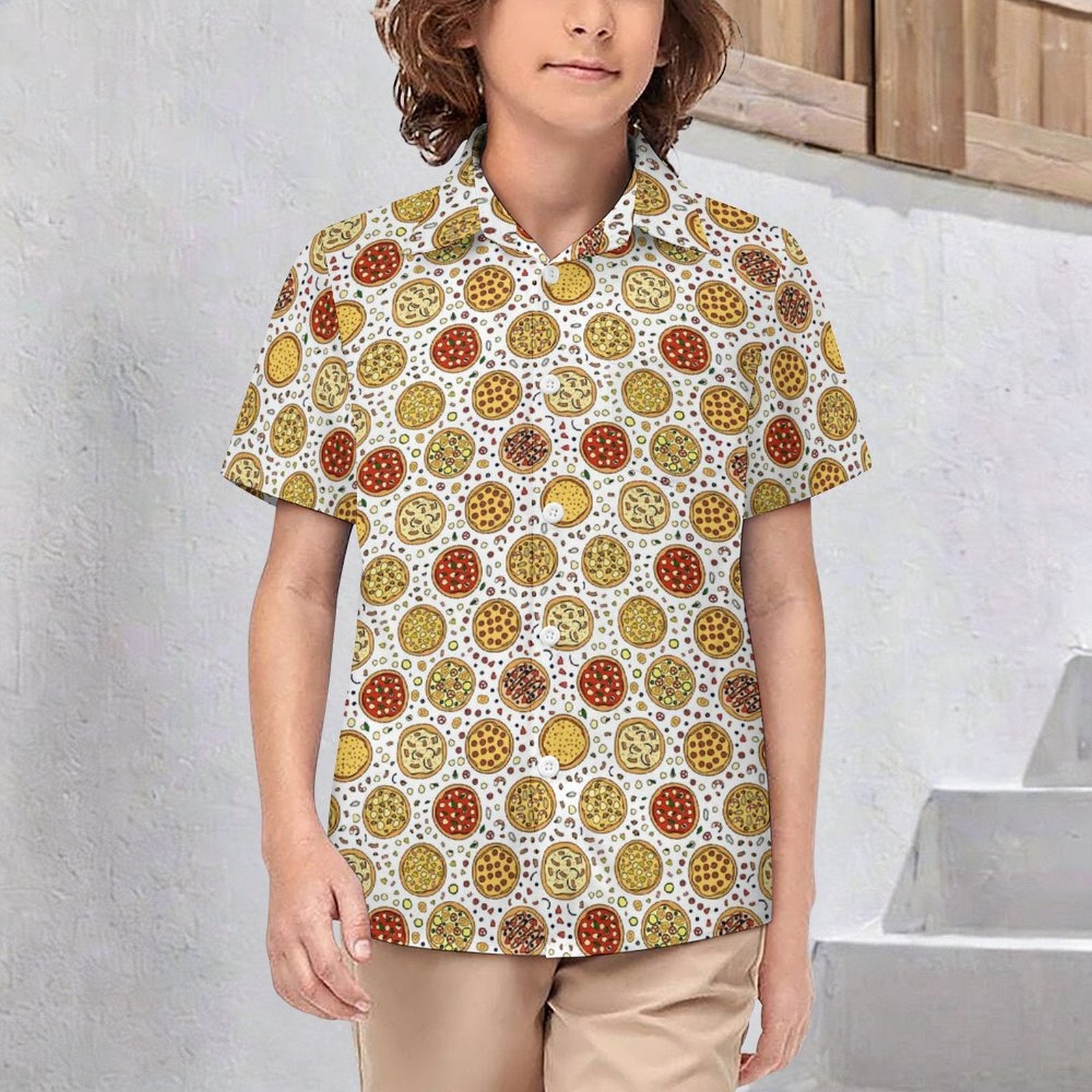 Round Pizzas On White Kids Youth Short Sleeve Button Up Shirt
