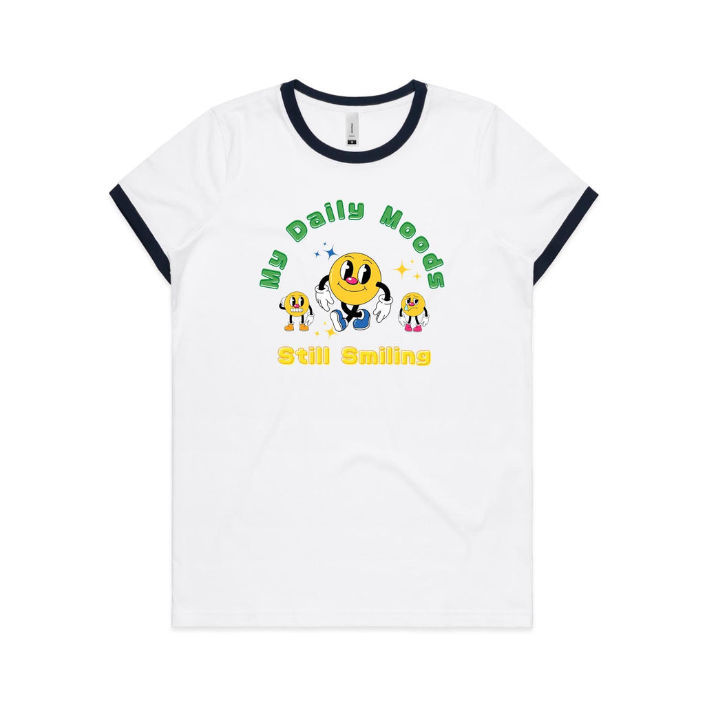 My Daily Moods - Women's Ringer Tee White Navy Womens Ringer T-shirt Printed In Australia