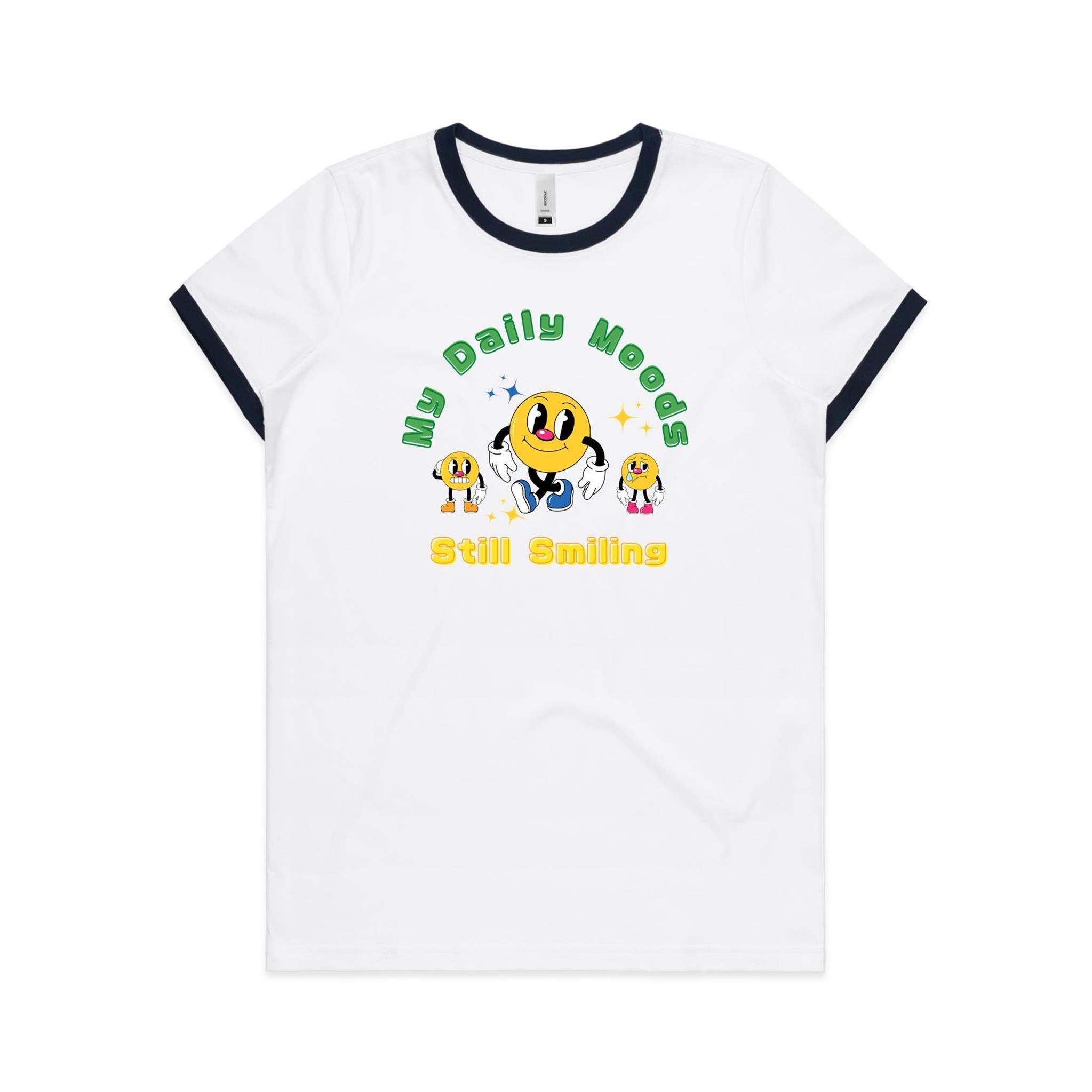 My Daily Moods - Women's Ringer Tee White Navy Womens Ringer T-shirt Printed In Australia