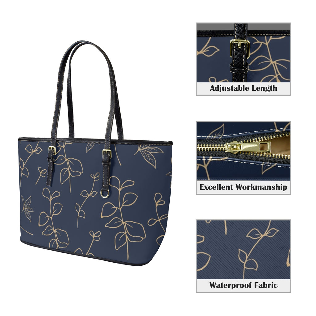 Gold Flowers On Navy - Leather Tote Bag-Large