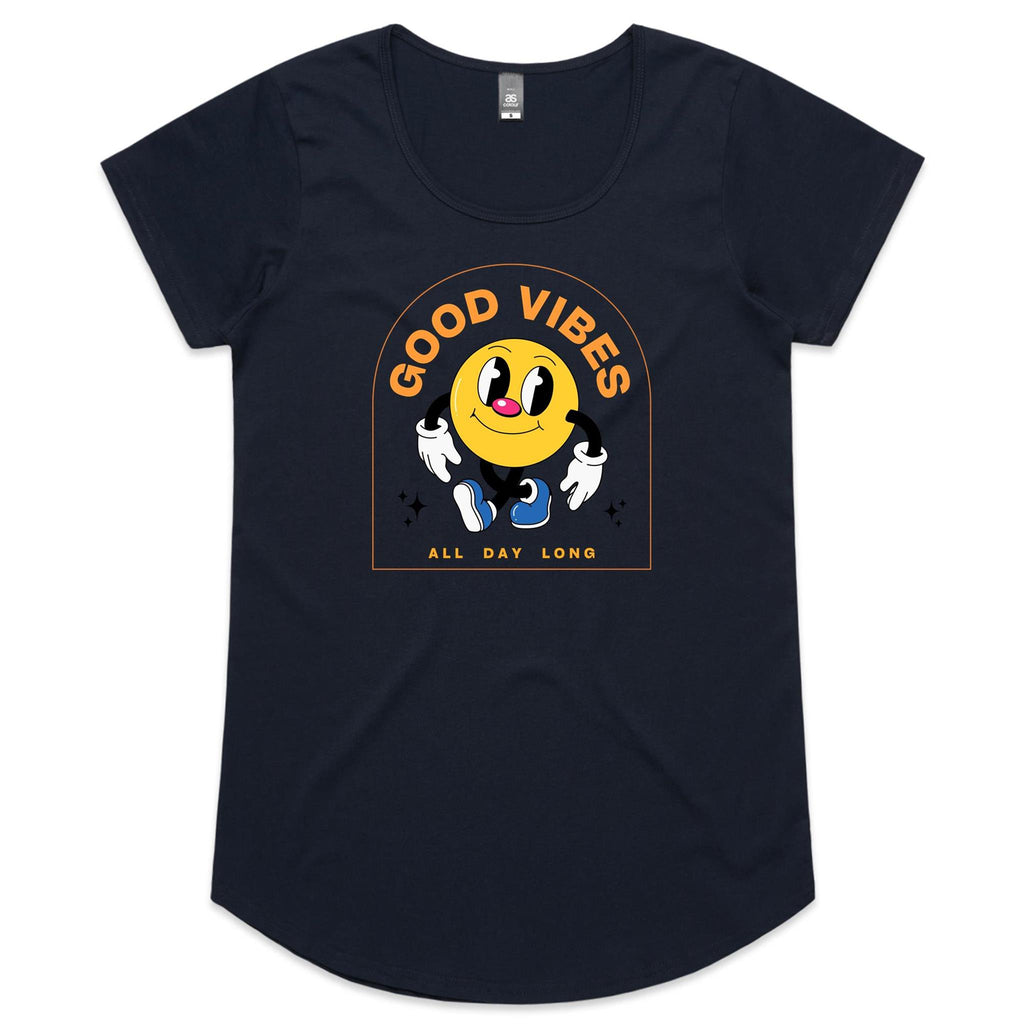 Good Vibes All Day Long - Womens Scoop Neck T-Shirt Navy Womens Scoop Neck T-shirt Positivity Printed In Australia Retro
