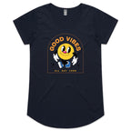 Good Vibes All Day Long - Womens Scoop Neck T-Shirt Navy Womens Scoop Neck T-shirt Positivity Printed In Australia Retro