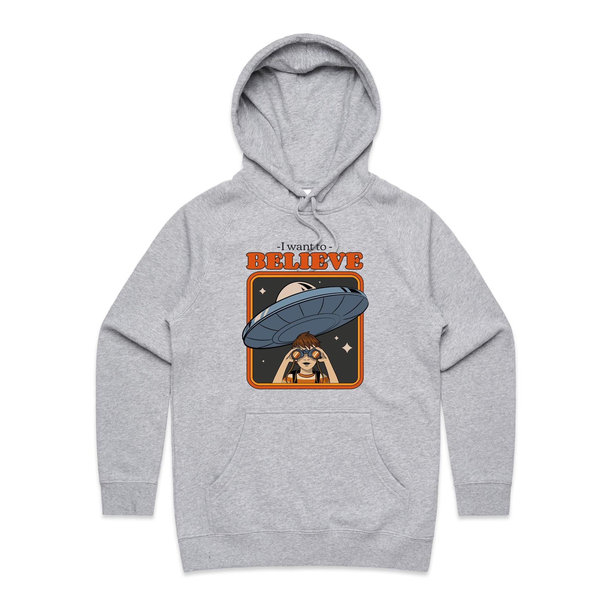 I Want To Believe, UFO - Womens Hoodie Grey Marle Womens Hoodie Printed In Australia Sci Fi