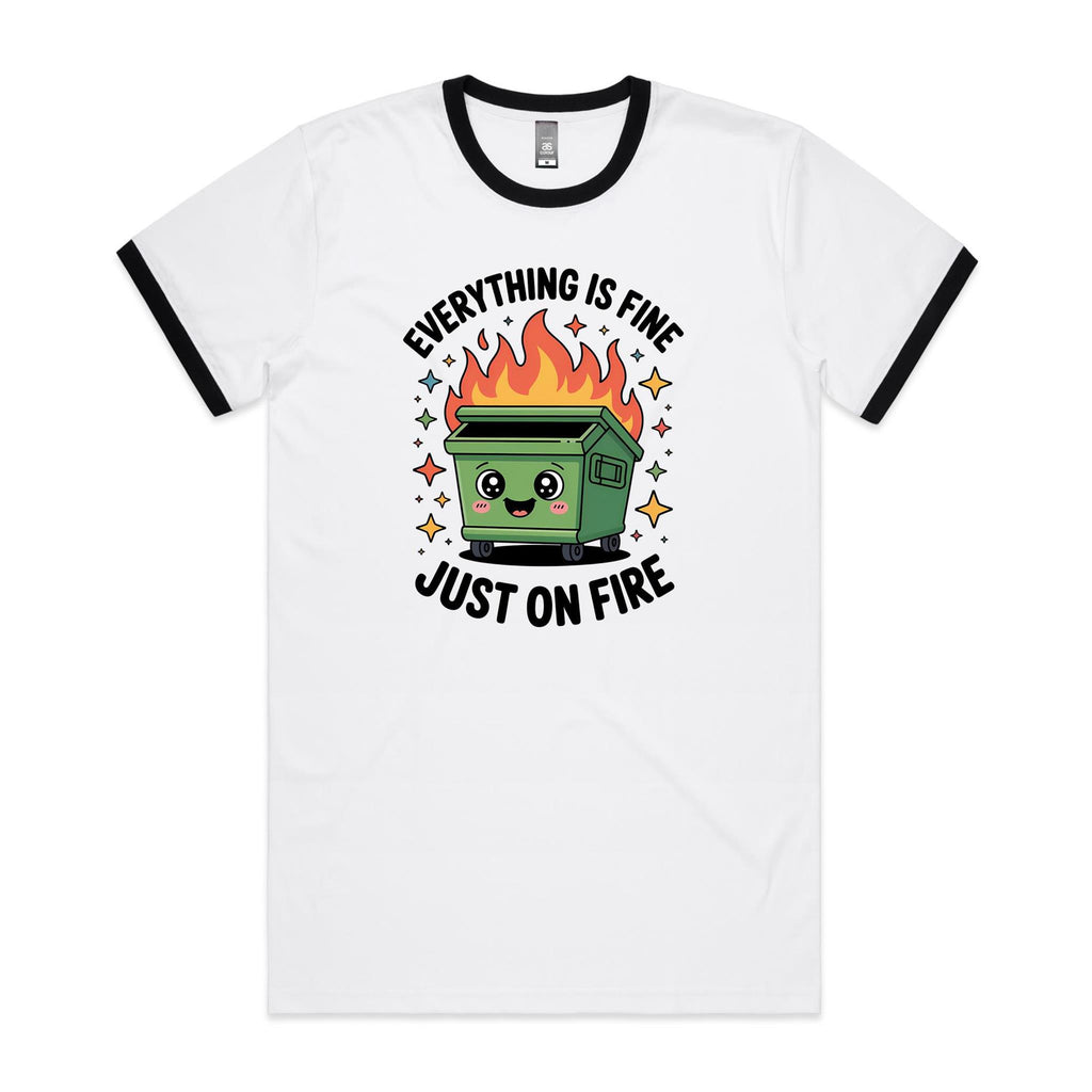 Skip Bin, Dumpster Fire Men's AS Colour Ringer Tee White Black Ringer T-Shirt Printed In Australia