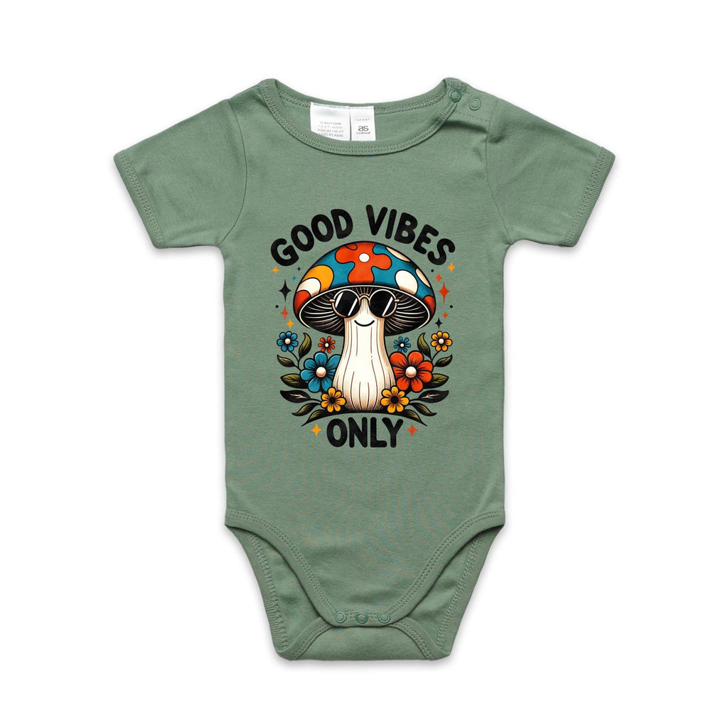 Good Vibes Only, Hippie Mushroom With Sunglasses - Baby Bodysuit