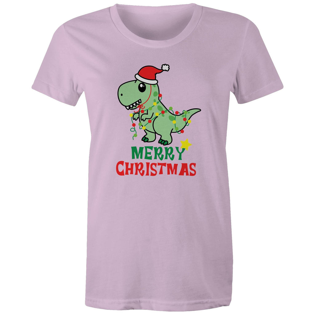 Dinosaur Santa, Merry Christmas - Womens T-shirt Lavender Womens Christmas T-shirt Christmas Printed In Australia