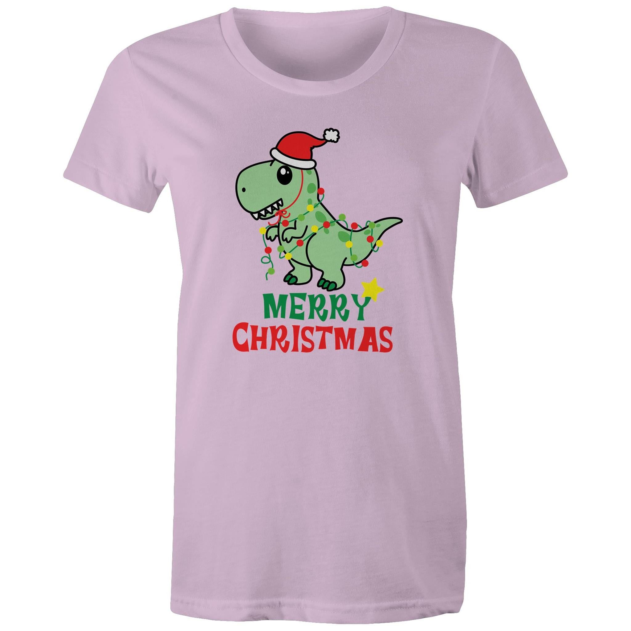 Dinosaur Santa, Merry Christmas - Womens T-shirt Lavender Womens Christmas T-shirt Christmas Printed In Australia