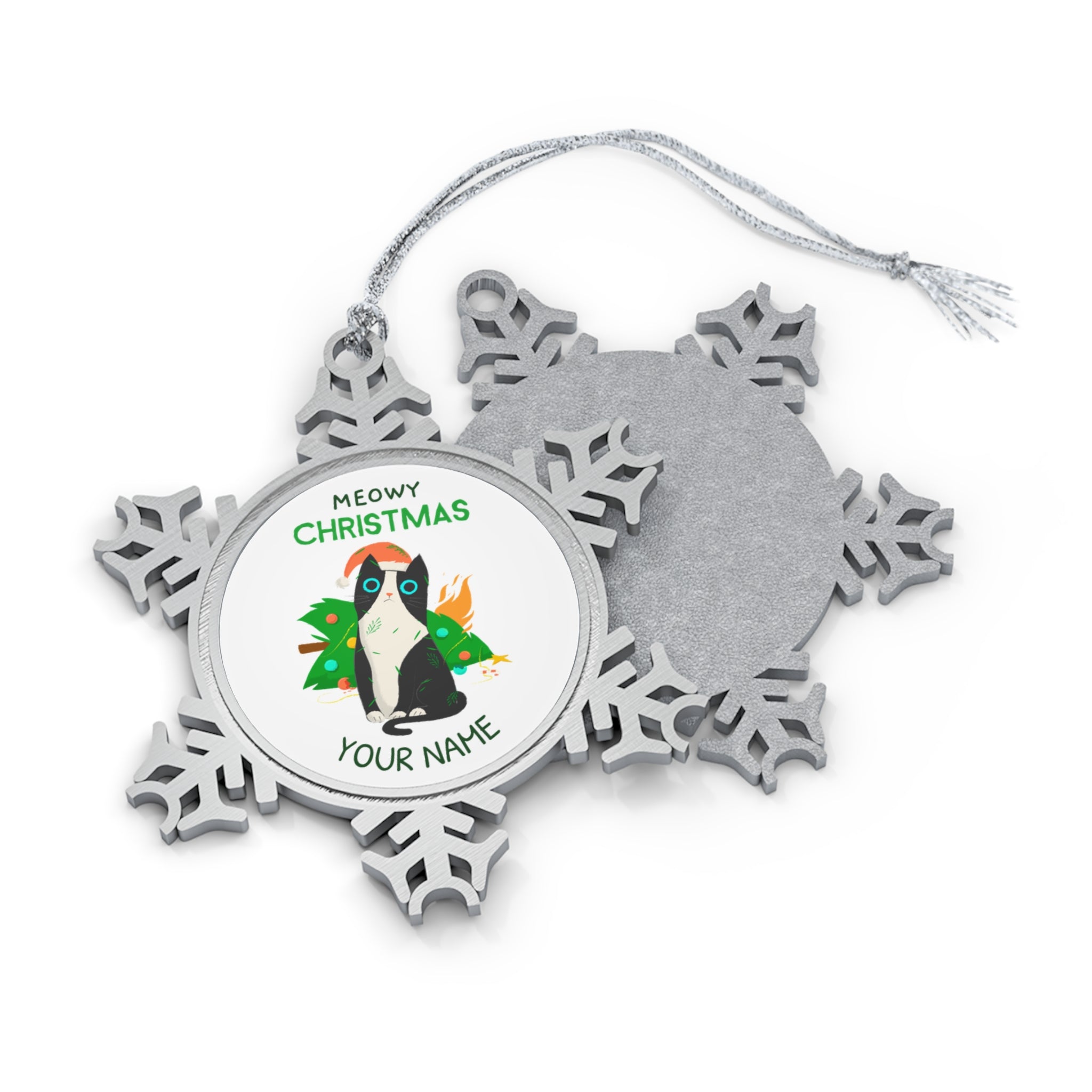 Personalised - Meowy Christmas Cat, Burning Tree - Christmas Pewter Snowflake Ornament