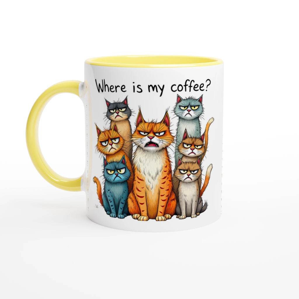 Where Is My Coffee, Cranky Cats - White 11oz Ceramic Mug with Colour Inside Ceramic Yellow Colour 11oz Mug animal Coffee Globally Fulfilled