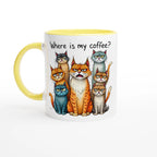 Where Is My Coffee, Cranky Cats - White 11oz Ceramic Mug with Colour Inside Ceramic Yellow Colour 11oz Mug animal Coffee Globally Fulfilled