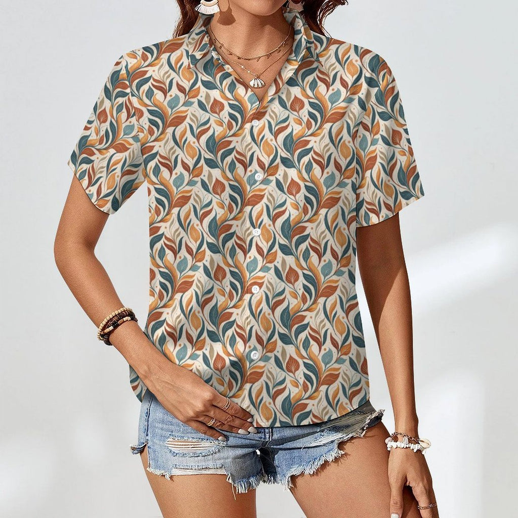 Whimsical Leaf Swirl Women's Collared Pocketless Short Sleeve Shirt