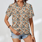 Whimsical Leaf Swirl Women's Collared Pocketless Short Sleeve Shirt