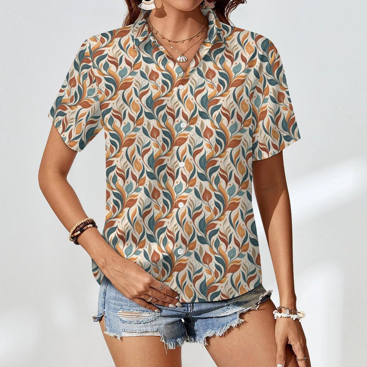 Whimsical Leaf Swirl Women's Collared Pocketless Short Sleeve Shirt