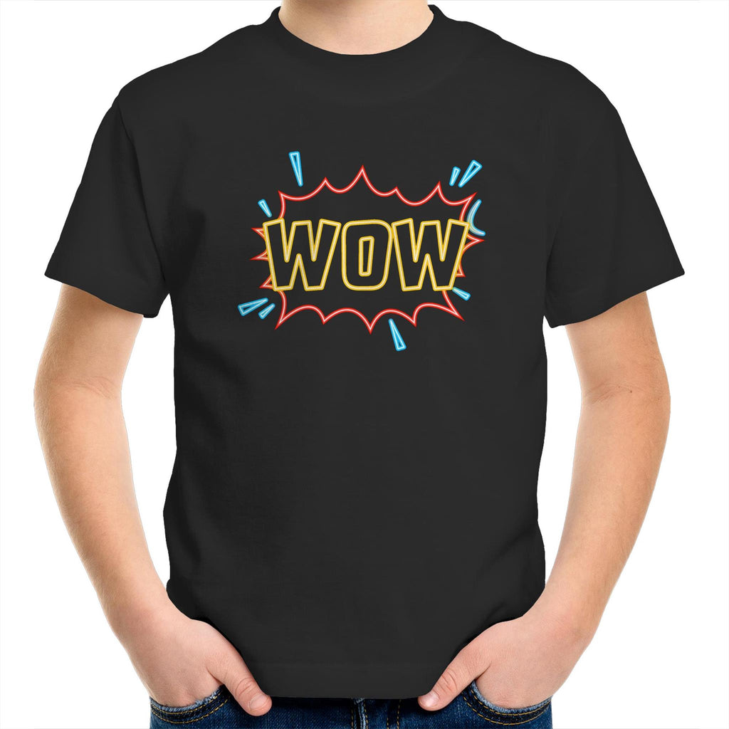 Wow - Kids Youth T-Shirt Black Kids Youth T-shirt comic Printed In Australia