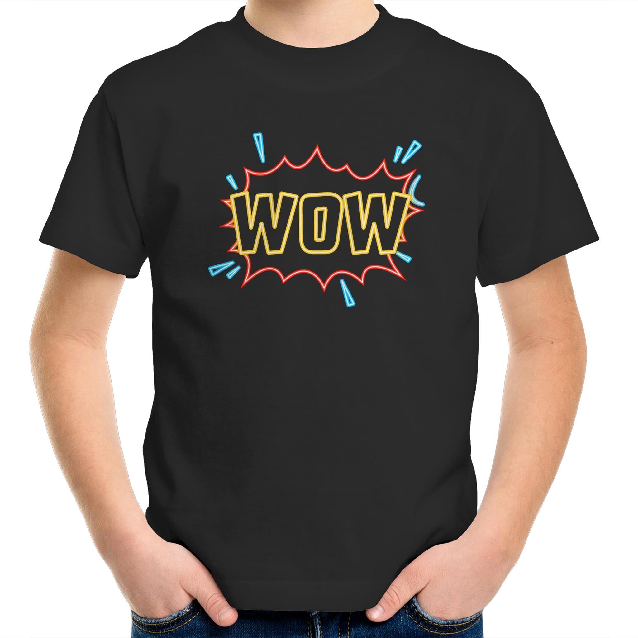 Wow - Kids Youth T-Shirt Black Kids Youth T-shirt comic Printed In Australia