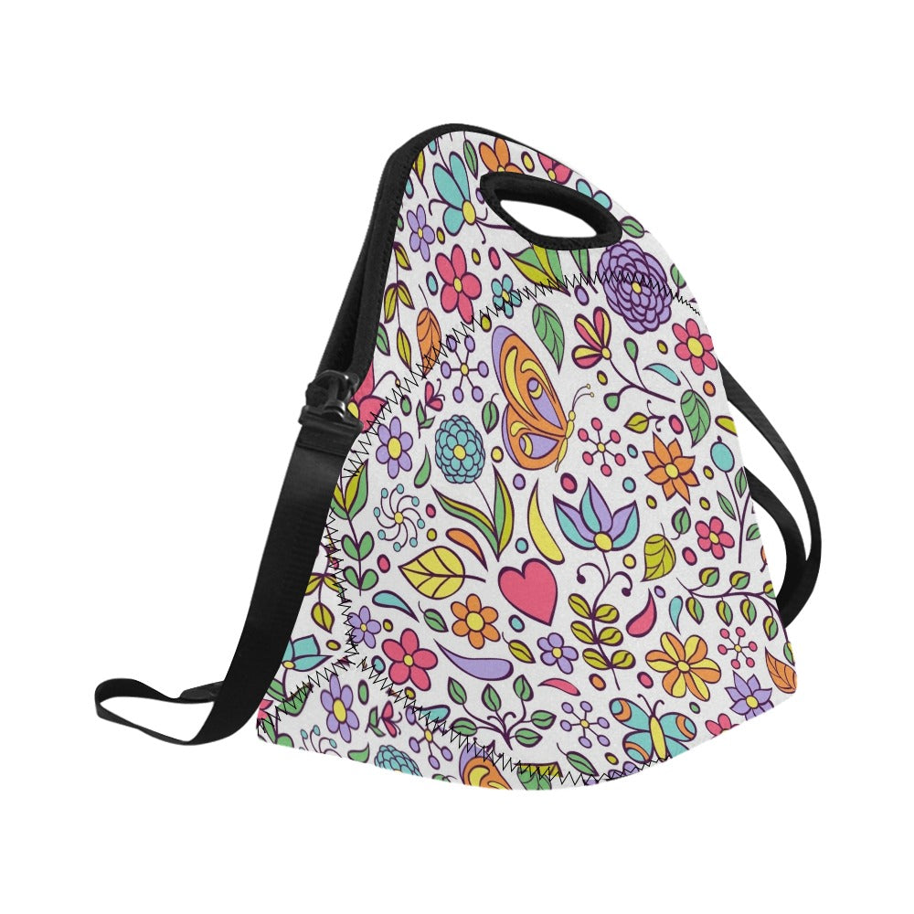 Hippie Butterfly And Flowers Neoprene Lunch Bag/Large (Model 1669) Neoprene Lunch Bag Plants Printed Offshore