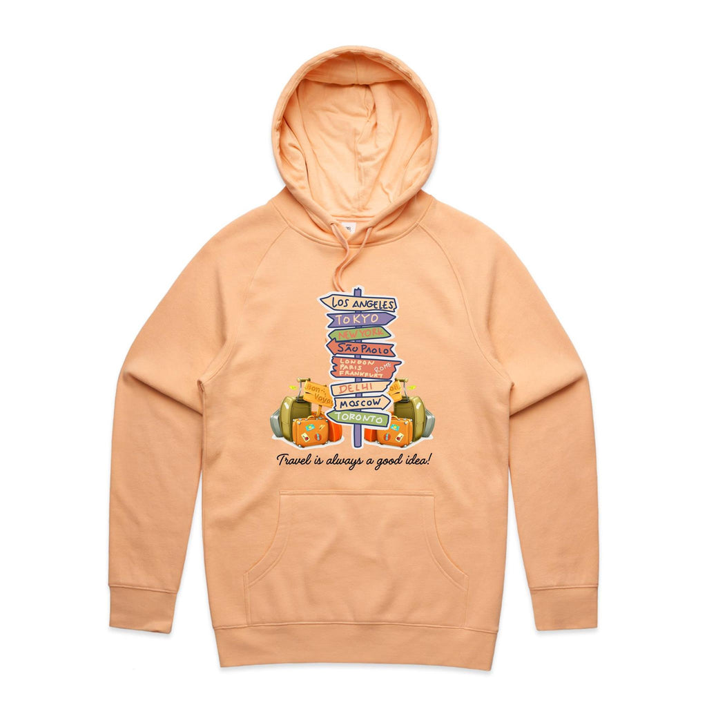 Travel Is Always A Good Idea - Mens Hoodie Peach Mens Hoodie Printed In Australia