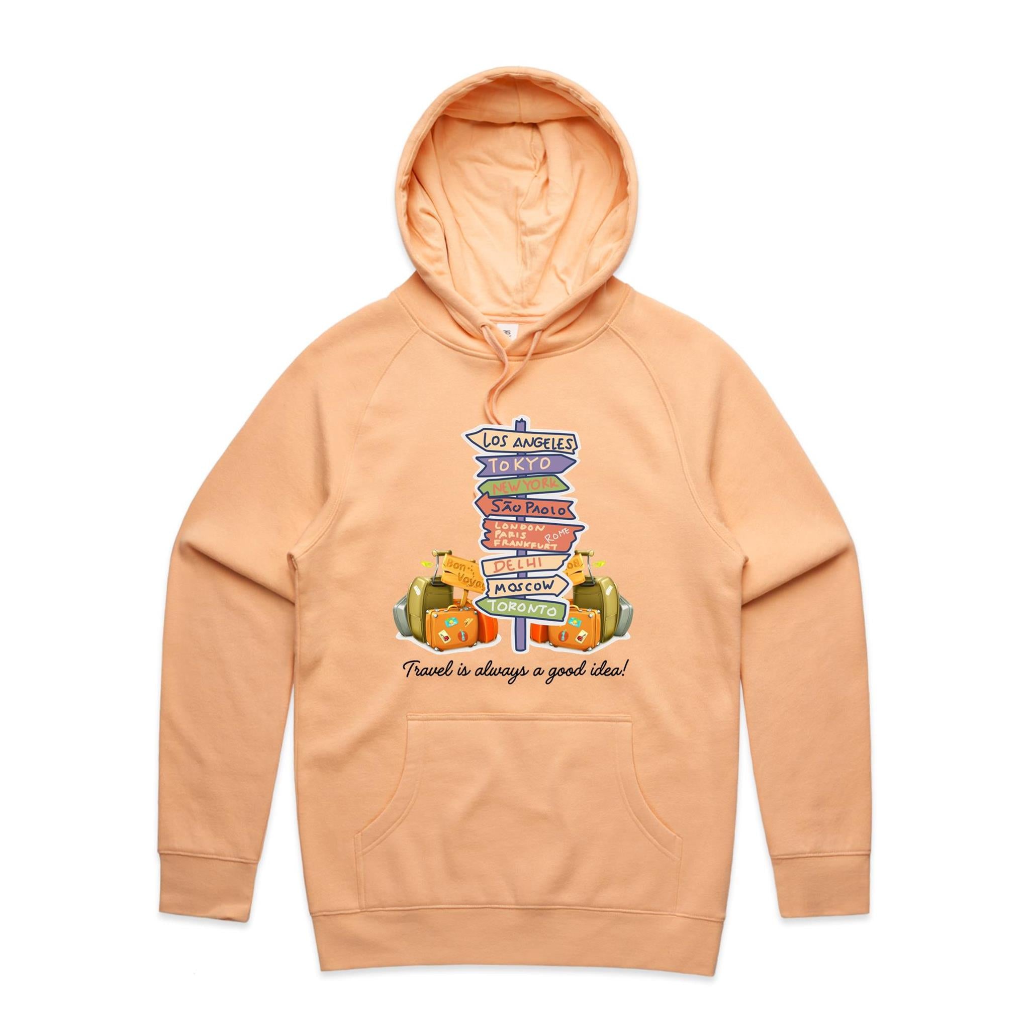 Travel Is Always A Good Idea - Mens Hoodie Peach Mens Hoodie Printed In Australia