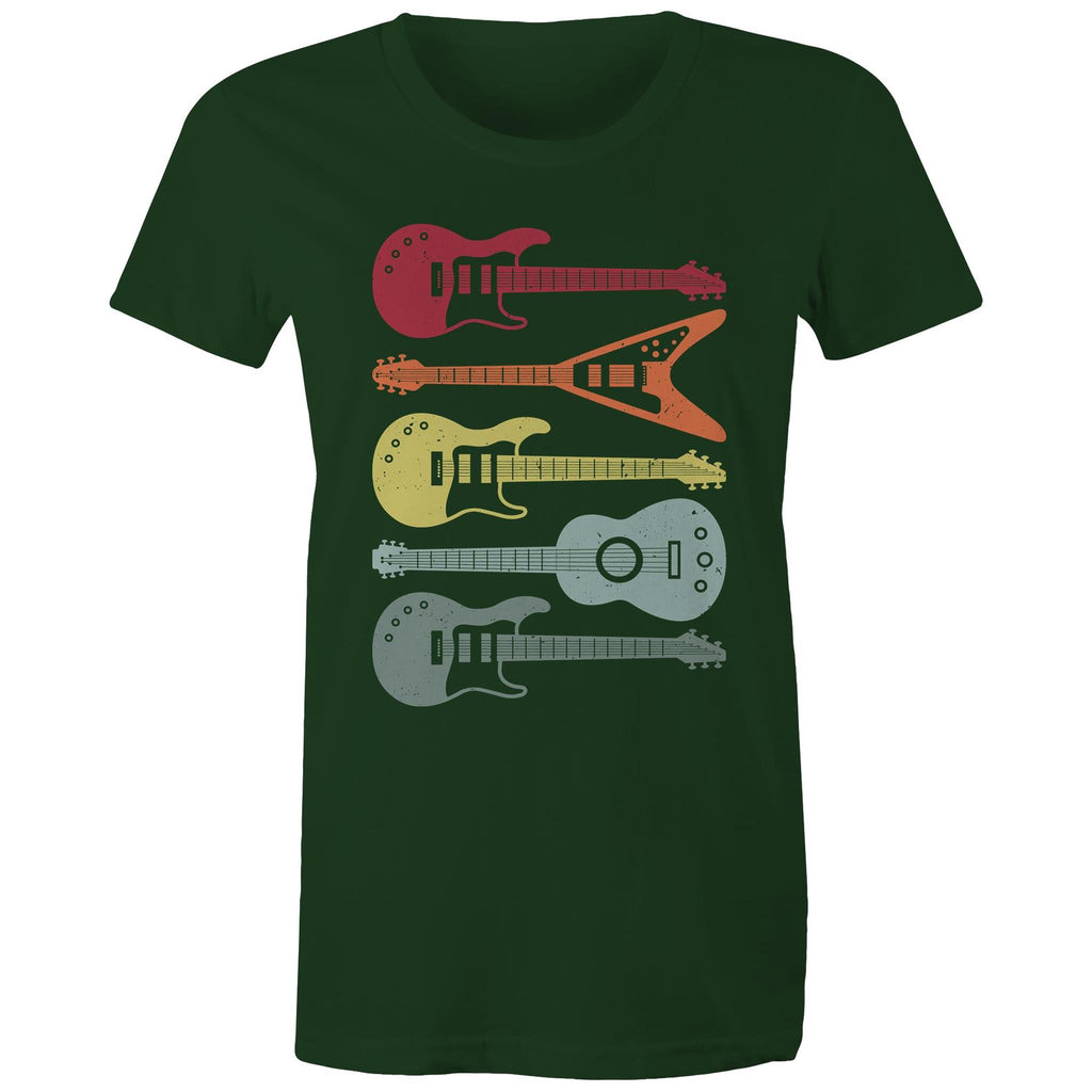 Retro Guitars - Womens T-shirt Forest Green Womens T-shirt Music Printed In Australia