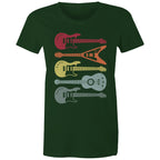 Retro Guitars - Womens T-shirt Forest Green Womens T-shirt Music Printed In Australia