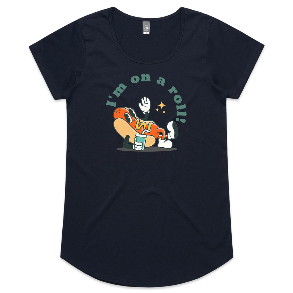 Hotdog, I'm On A Roll - Womens Scoop Neck T-Shirt Navy Womens Scoop Neck T-shirt Food Printed In Australia