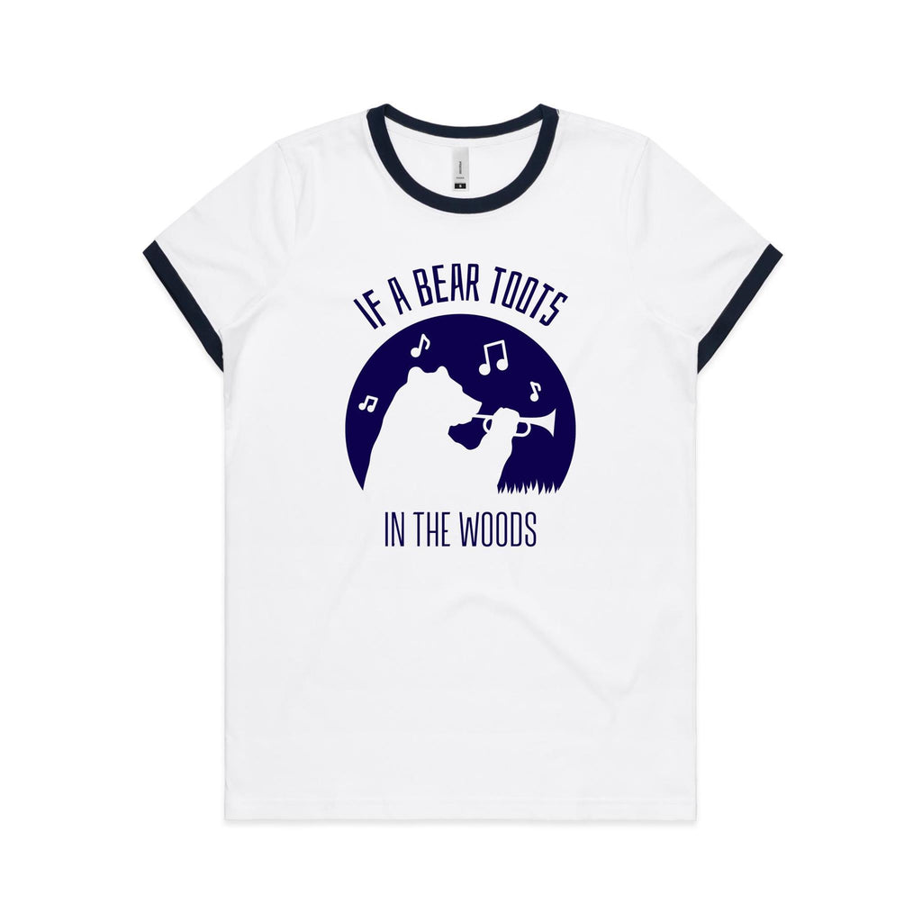 If A Bear Toots In The Woods, Trumpet Player - Women's Ringer Tee White Navy Womens Ringer T-shirt animal Music Printed In Australia
