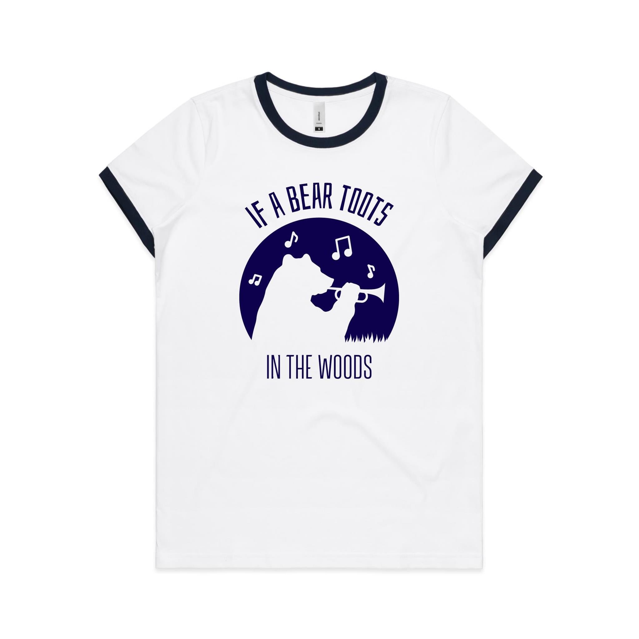 If A Bear Toots In The Woods, Trumpet Player - Women's Ringer Tee White Navy Womens Ringer T-shirt animal Music Printed In Australia