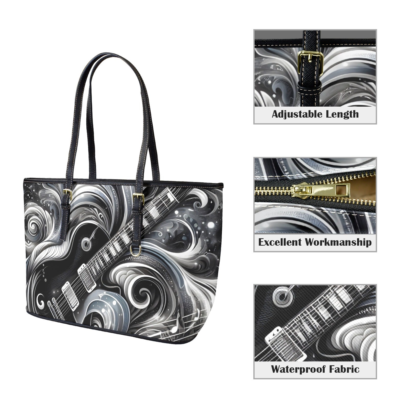 Guitar Black Swirl - PU Leather Tote Bag - Large