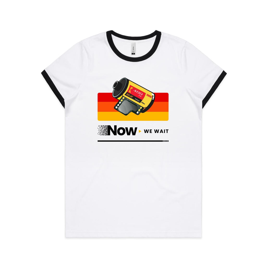 Camera Film, Now We Wait Women's AS Colour Ringer Tee White Black Womens Ringer T-shirt Printed In Australia Retro