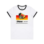 Camera Film, Now We Wait Women's AS Colour Ringer Tee White Black Womens Ringer T-shirt Printed In Australia Retro