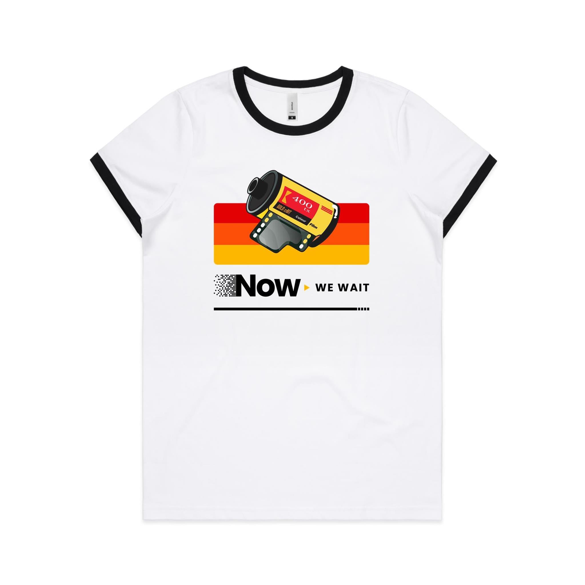 Camera Film, Now We Wait Women's AS Colour Ringer Tee White Black Womens Ringer T-shirt Printed In Australia Retro