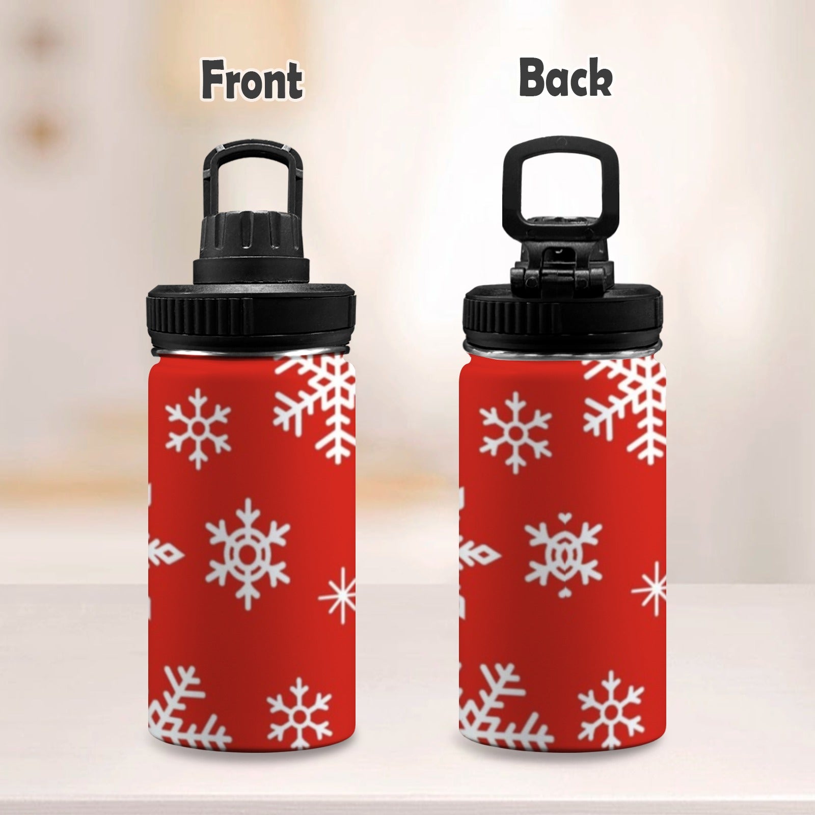 Red Snowflakes, Christmas - Kids Water Bottle with Chug Lid (12 oz) Kids Water Bottle with Chug Lid Christmas Printed Offshore