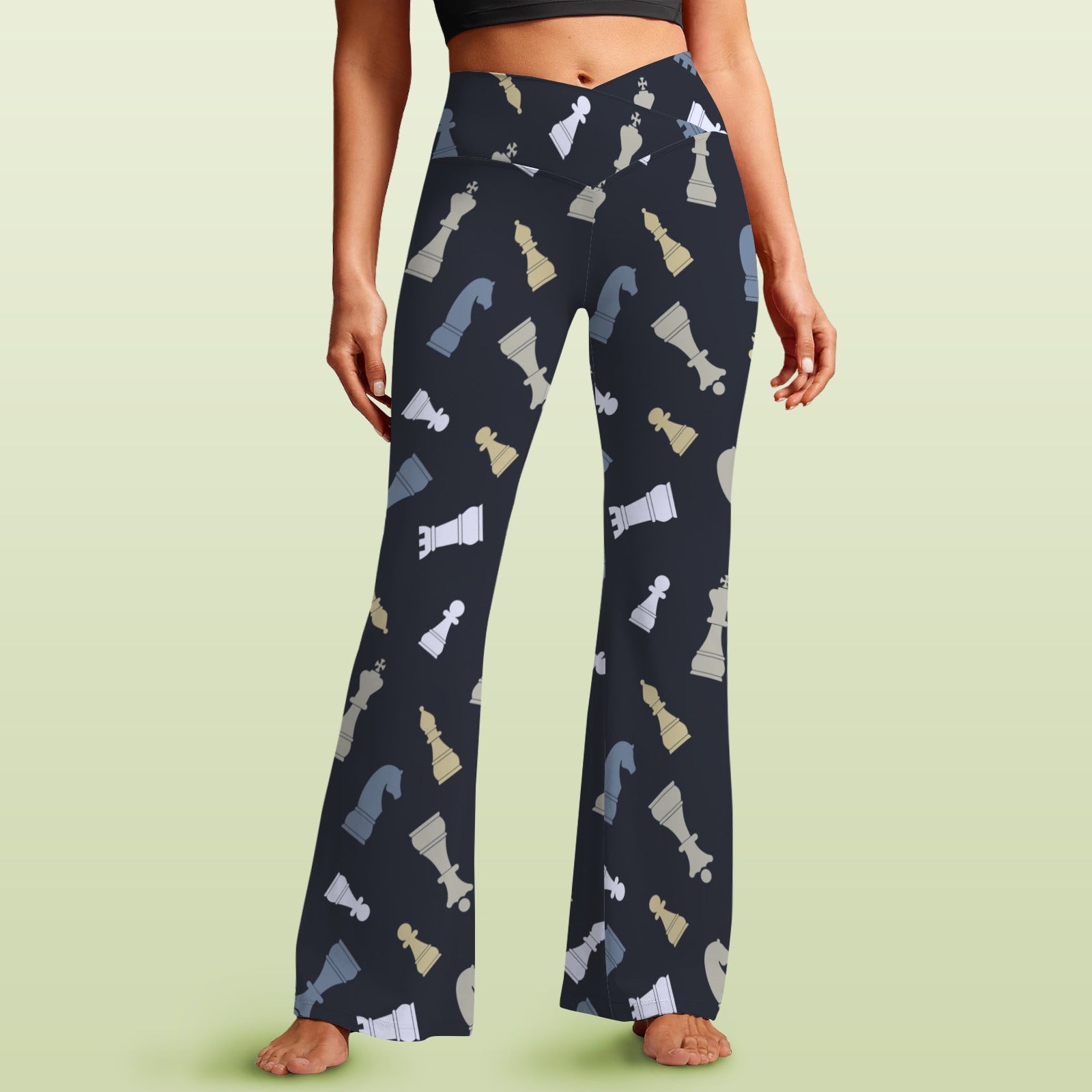 Chess Pattern - High Waist Crossover Tummy Control Flare Leggings 5XL High Waist Flare Leggings Chess Games Printed Offshore