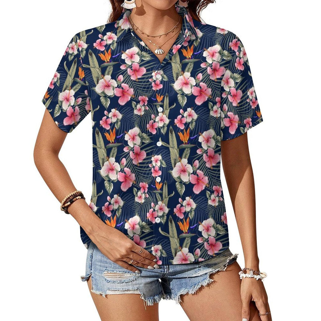 Dark Hawaiian Floral Women's Collared Pocketless Short Sleeve Shirt white Women's Pocketless Short Sleeve Button Up Shirt Printed Offshore