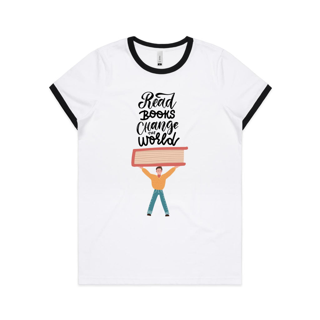 Read Books, Change The World - Women's Ringer Tee White Black Womens Ringer T-shirt Printed In Australia Reading