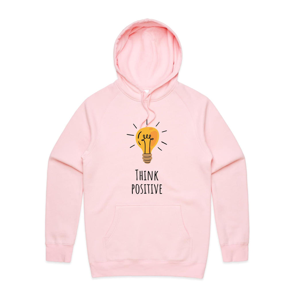 Think Positive, Light Bulb - Mens Hoodie Pink Mens Hoodie Positivity Printed In Australia