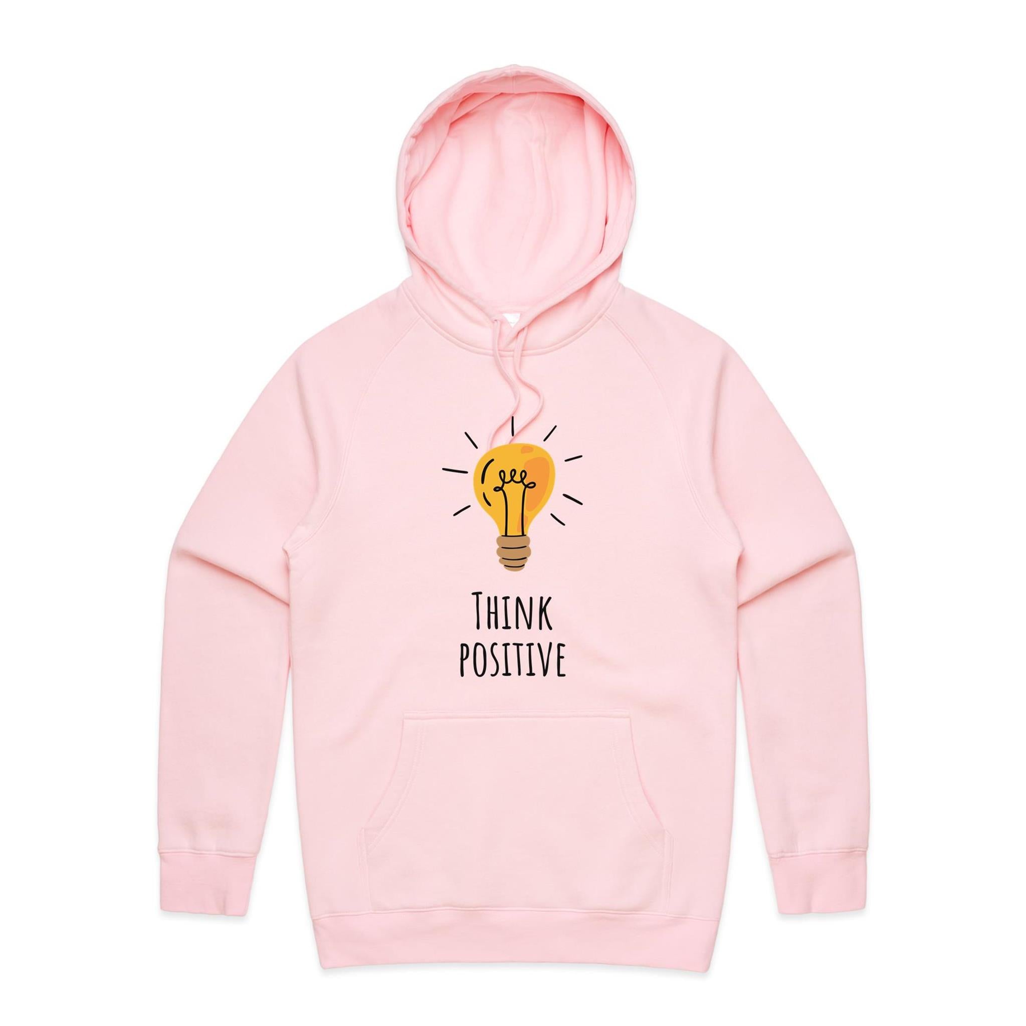 Think Positive, Light Bulb - Mens Hoodie Pink Mens Hoodie Positivity Printed In Australia