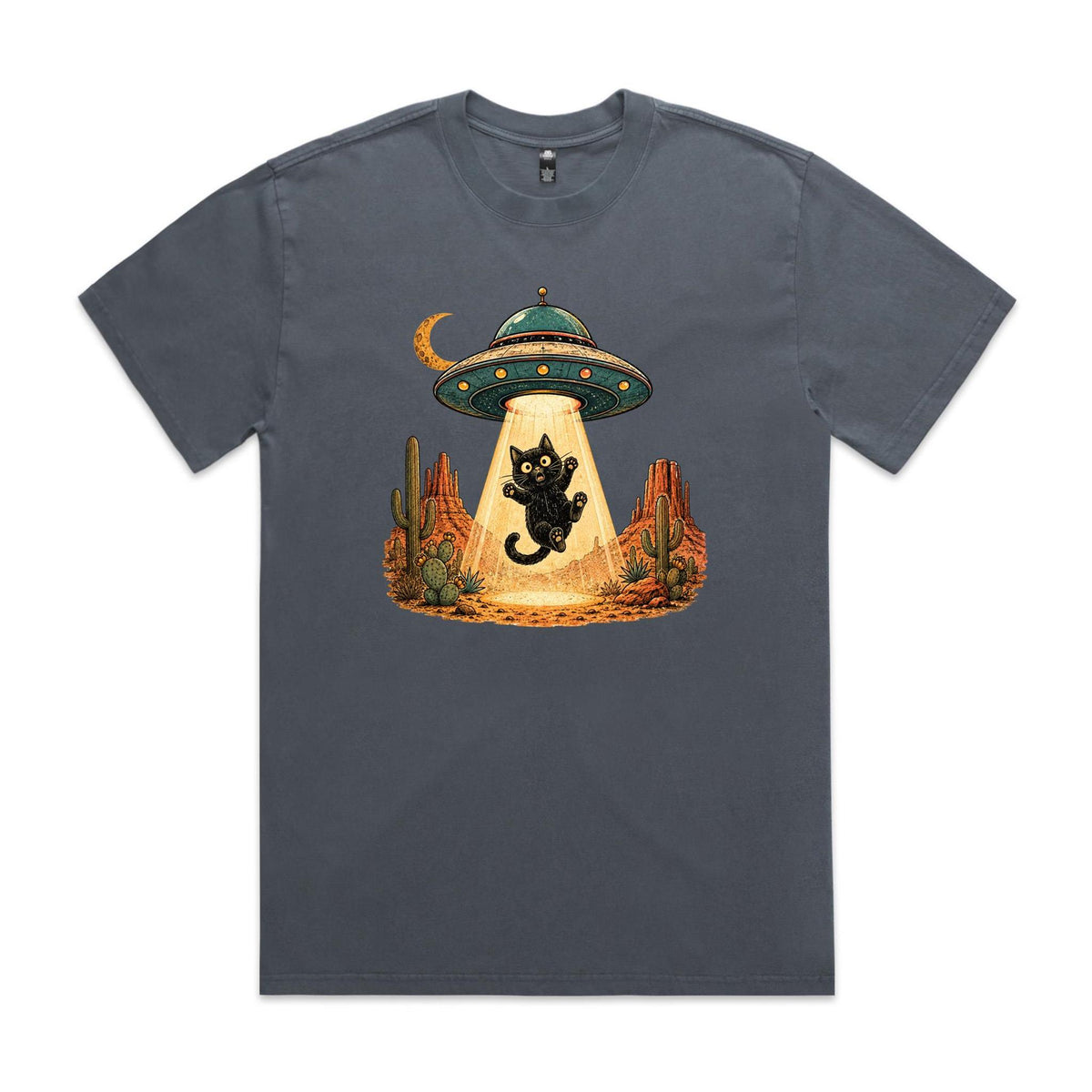 Black Cat Alien UFO Abduction AS Colour Heavy Faded Tee Faded indigo Heavy Faded T-shirt animal Printed In Australia Sci Fi