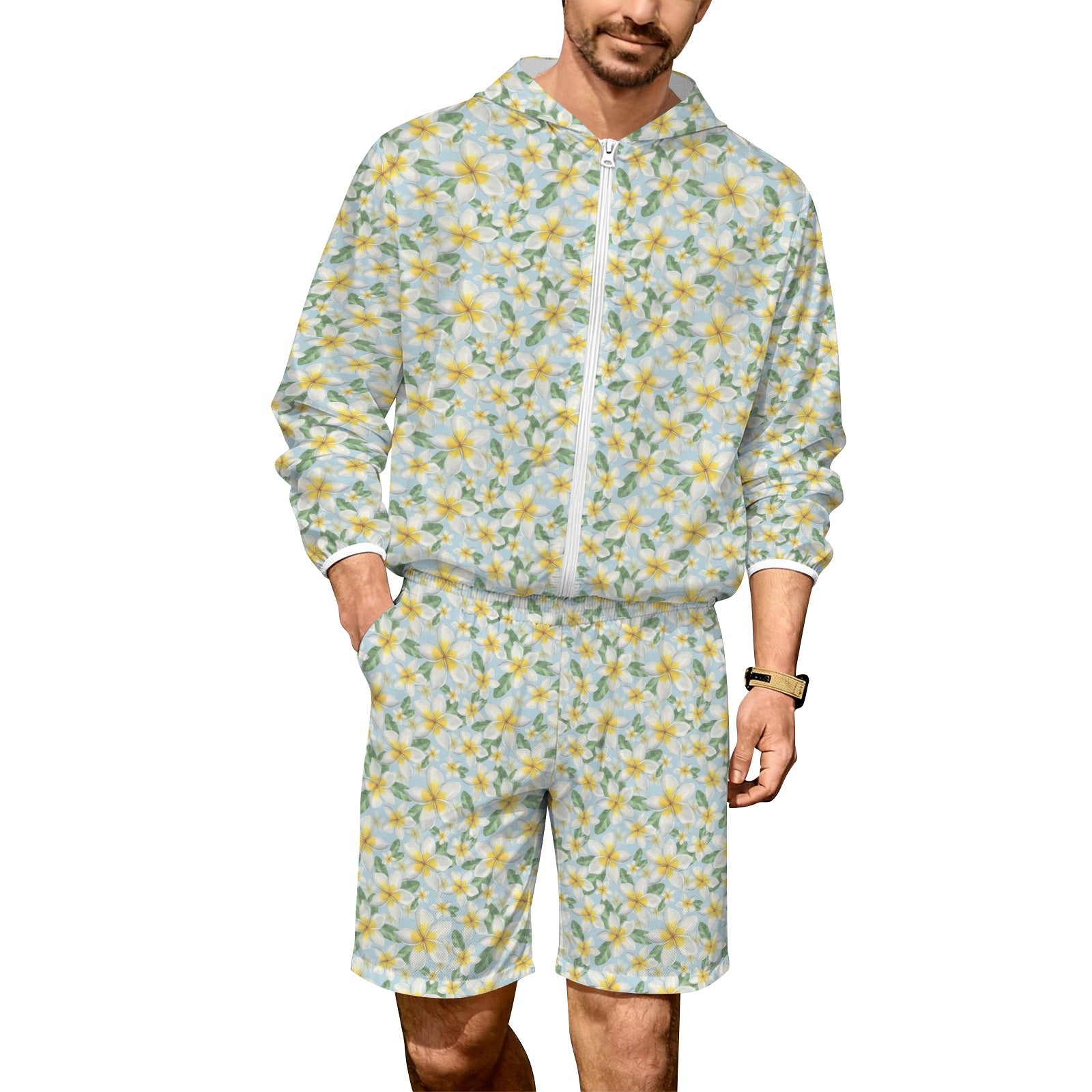 Delicate Frangipani Men's Lightweight Sun Hoodie & Shorts Set 4XL Men's Lightweight Sun Hoodie & Shorts Plants Printed Offshore